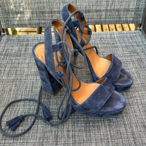 BATA Blue Suede Italian Leather Open Platform Heels - Picture 2 of 7